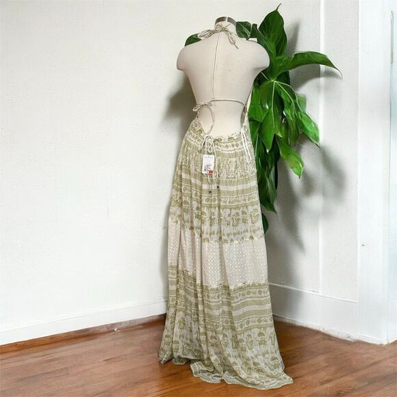 Free People Triangle Combo Cream White Maxi Dress Brown Boho Elephant Medium - Picture 3 of 7